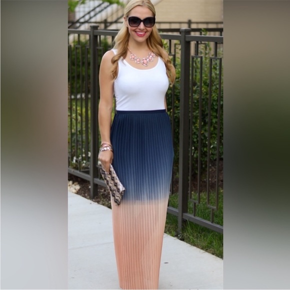 Cynthia Rowley Flowy Pleated Ombre Blue Peach Long Gradient Boho Skirt  Sz S NWT - Picture 1 of 12